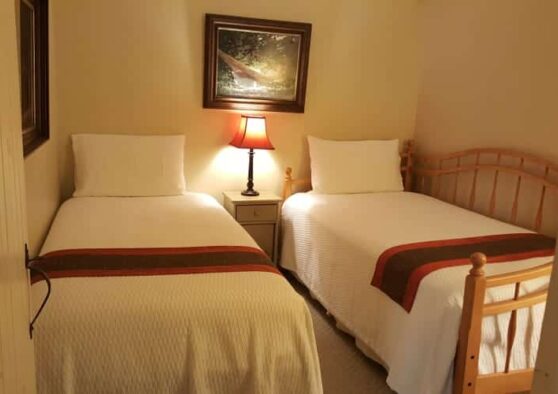 Birch Retreat bedroom with twin beds and lamp inbetween
